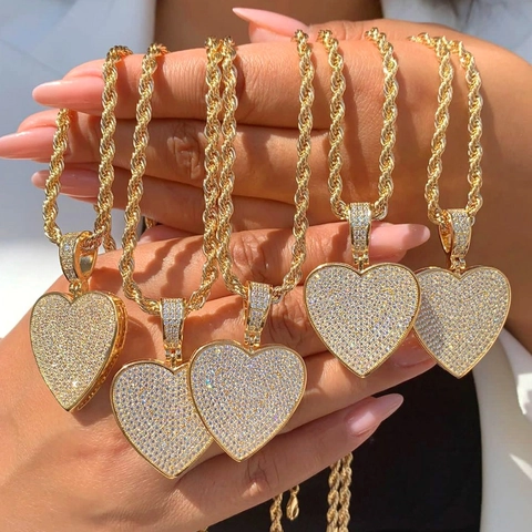 Bling Iced Out Hart Hanger Ketting Messing Cubic Zirconia Hip Hop Sieraden Met Touwketting Voor Heren Dames Cadeau