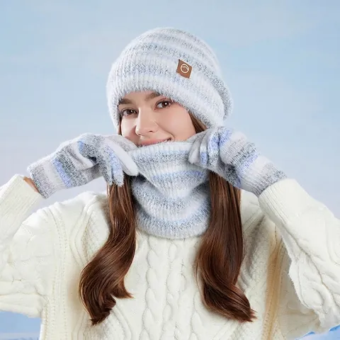 Knitted Beanie Hat Neck Warmer And Touchscreen Gloves Thermal Fleece Lined Windproof Outdoor Striped Fashion For Women