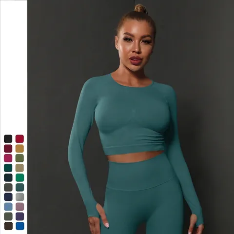 Ropa De Yoga Sin Costuras Top Corto De Manga Larga Con Agujeros Para El Pulgar Leggings De Cintura Alta Punto Fitness