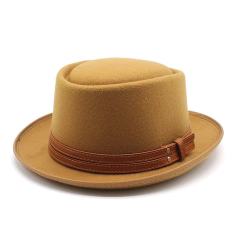 Vintage Wollen Vilt Pork Pie Hoed Retro Britse Stijl Boater Jazz Pet Met Leren Band En Klinknagels Voor Dames Heren