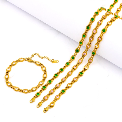 18K Gold Plated Brass Colorful Round Cubic Zirconia Necklace Elegant Link Chain Jewelry For Women