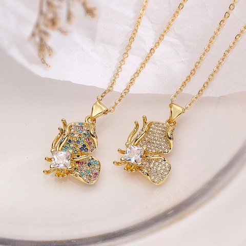 Collana Con Ciondolo A Farfalla Rame Placcato Oro Zircone Colorato Strass Scintillanti Gioielli Eleganti Per Donna