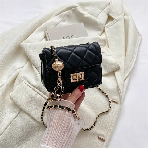 Mini Quilted Crossbody Bag Women PU Leather Small Square Shoulder Handbag Adjustable Golden Ball Chain Strap Turn Lock