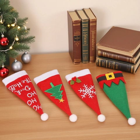Porta Cubiertos De Navidad Tela No Tejida Sombrero Papá Noel Bolsa Cuchillo Y Tenedor Decoración Mesa Copo Árbol Duende