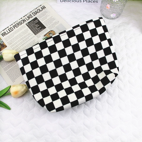 Checkboard Corduroy Cosmetic Bag Makeup Pouch Portable Toiletry Organizer Handheld Travel Storage Case For Women