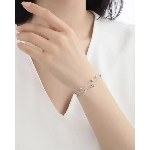 925 Sterling Silber Doppelarmband Mit Stern Und Perlen Für Damen Süßes Minimalistisches Verstellbares Handschmuck Geschenk