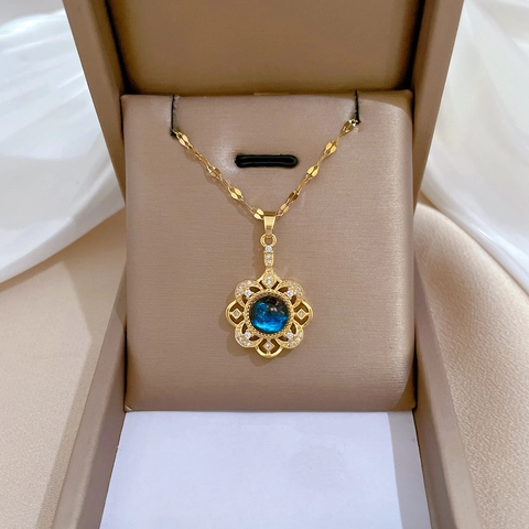 Flower Pendant Necklace Titanium Steel Chain Copper Blue Starry Gemstone Rhinestone Retro Court Jewelry For Women