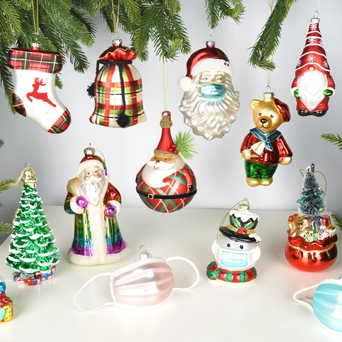 Christmas Tree Hanging Ornaments Glass Painted Santa Claus Snowman Gnome Bear Figurines Sparkling Holiday Decor