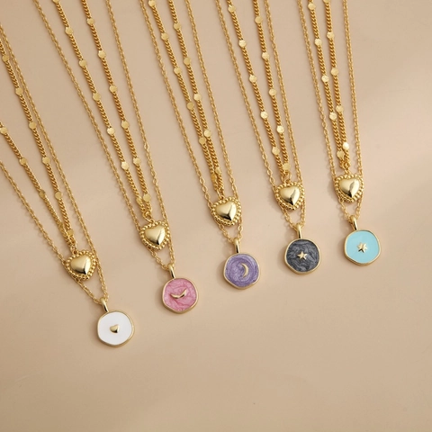 Elegant Double Layer 18K Gold Plated Copper Heart Necklace For Women Drip Oil Round Star Moon Pendant Clavicle Chain