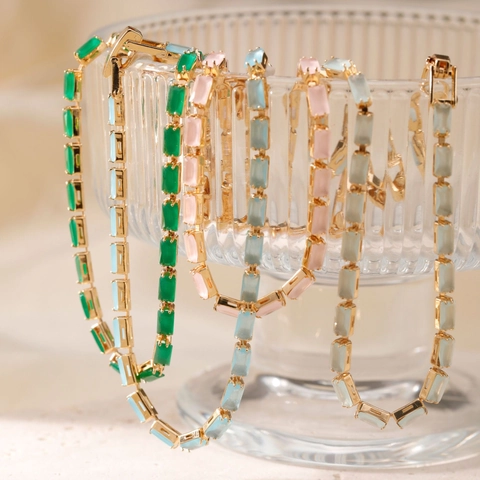 Women's Colorful Glazed Bracelet Rectangular Glass Gemstone Gold Silver Plated Alloy Chain Link Bracelet Fashion Jewelry