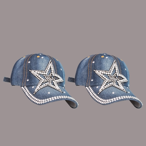 Casquette De Baseball En Denim À Étoile En Strass Chapeau Soleil Ajustable Style Punk Tendance Pour Femmes
