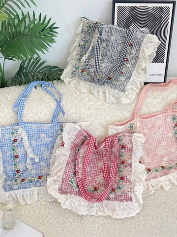 Gingham Shoulder Bag With Lace Ruffle And Flower Embroidery Polyester Tote For Women Sweet Floral Style