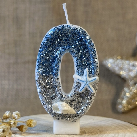 Number Birthday Candle Ocean Theme Blue Silver Gradient Glitter Starfish Shell Cake Topper Decoration