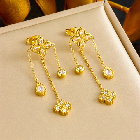 Clover Flower Tassel Necklace Bracelet And Earrings Stainless Steel Rhinestone Elegant Trendy Jewelry For Women
