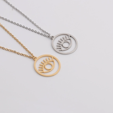 Evil Eye Pendant Necklace Stainless Steel Hollow Round Eyelash Design Minimalist Jewelry For Women