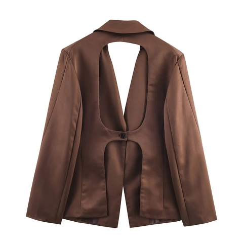 Blazer Pantaloni E Top A Tubo In Raso Marrone Chic Con Apertura Posteriore Tinta Unita Elegante