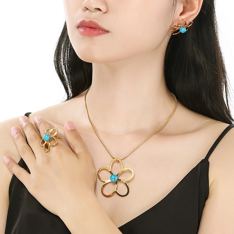 Gioielli A Fiore Cavo In Acciaio Inossidabile Per Donna Collana Orecchini E Anello Placcati Oro Con Perla Artificial O Turchese
