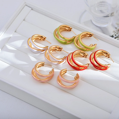 Exaggerated Triple Ring Enamel C-Shaped Hoop Earrings For Women French Vintage Gold Plated Copper Geometric Drip Oil Fashion Jewelry Gift