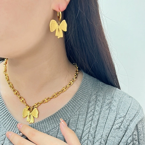 Strik Ketting Oorbellen Roestvrij Staal 18K Verguld Lint Hanger Geborstelde Textuur Mode-Sieraden Voor Dames