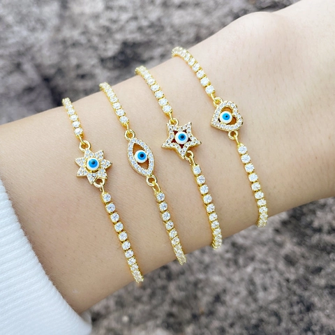 Pulsera Ajustable Ojo Turco Para Mujer Cobre Chapado En Oro 18K Zirconia Forma Corazón Estrella Joyería