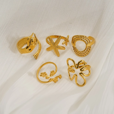 18K Gold Plated 304 Stainless Steel Open Rings For Women Starfish Mermaid Tail Floral Adjustable Jewelry Waterproof