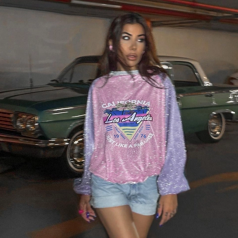 Dames Sweatshirt Color Block Glitter Glanzend Lange Mouwen Ronde Hals California Los Angeles Print Streetwear Top