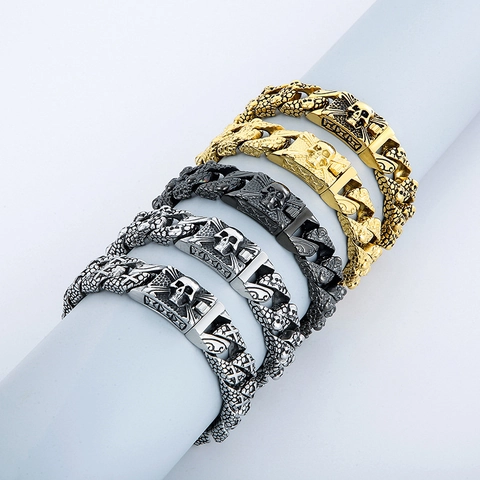 Men Punk Skull Crossbone Bracelet 316L Stainless Steel Snake Scale Link Chain Gothic Rock Biker Heavy Metal Jewelry