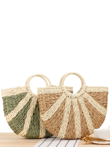 Sac À Main Tissé À La Main En Corde De Papier Forme D'éventail Semicirculaire Rayé Plage D'été Vacances Décontracté Bohème Pour Femmes