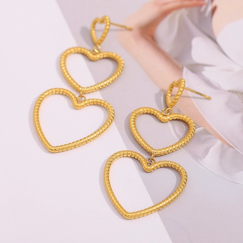 Triple Heart Drop Earrings Stainless Steel 18K Gold Plated Snake Skin Twisted Texture Graduated Layered Statement Jewelry