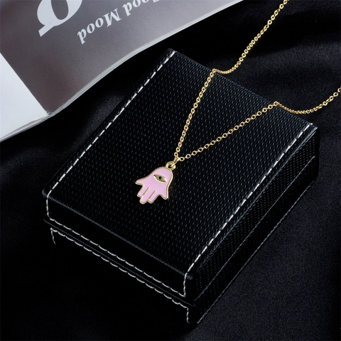 Hamsa Hand Anhänger Halskette Kupfer 18K Gold Vergoldet Böser Blick Emaille Zirkon Für Frauen Täglich Ins Stil