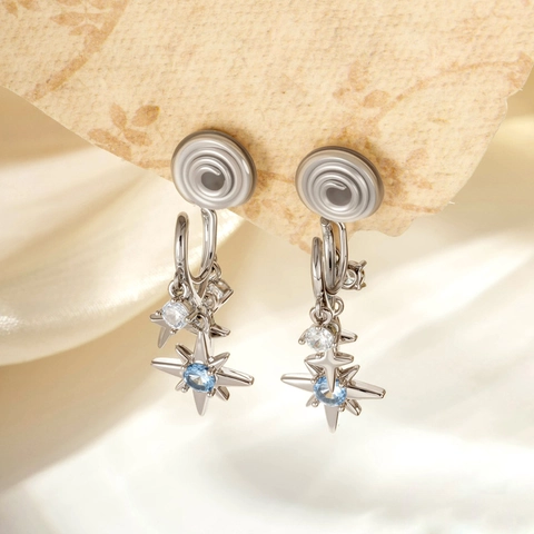 Clip Per Orecchio Stella Rame Zircone Cristallo Blu Senza Buco Orecchino Pendente Chic Stella Ottogramma Donna