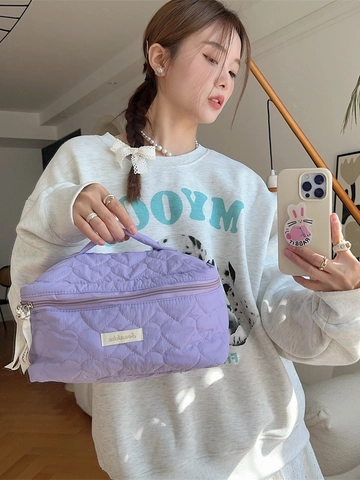 Heart Quilted Makeup Bag Large Capacity Portable Cotton Fabric Toiletry Case For Travel Storage Handheld Organizer