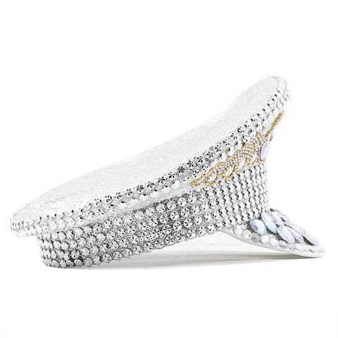 Sombrero De Capitán De Lujo Con Lentejuelas Plateadas Y Cristales AB Gorra Militar Brillante Para Fiesta