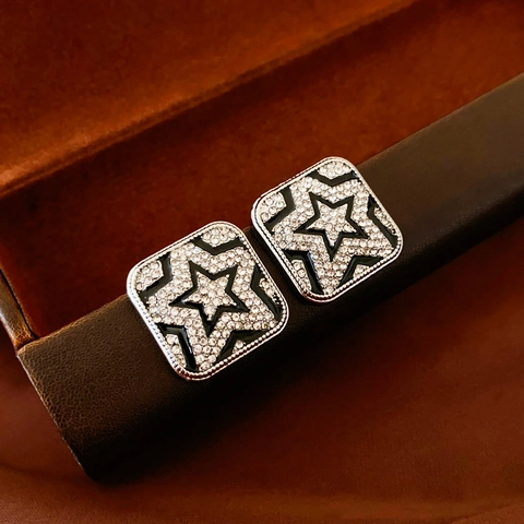 Square Alloy Rhinestone Stud Earrings With Star Pattern Enamel And Silver Earring Post Fashion Jewelry For Women