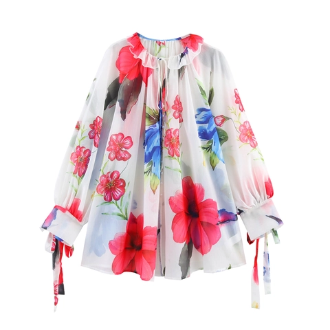 Women Floral Print Chiffon Blouse Long Sleeve Ruffle Tie Neck Loose Pullover Top