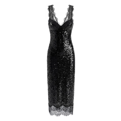 Pailletten Maxi Kleid Tiefer V-Ausschnitt Spitze Patchwork Bodycon Ärmellos Rückenfrei Sexy Party Abend Nightclub Damen