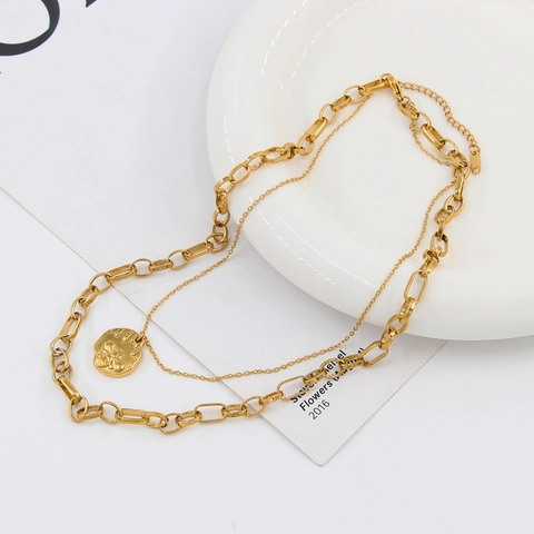 Double Layer Necklace Stainless Steel Bee Relief Coin Pendant Gold Tone Minimalist Layered Jewelry For Women