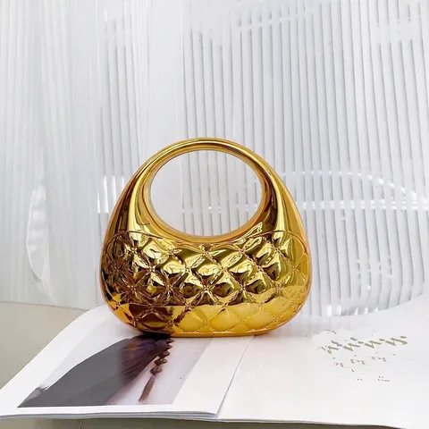 Acrylic Evening Clutch Bag Metallic Glossy Shell Shape Quilted Diamond Pattern Ring Handle For Party Banquet Women
