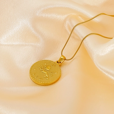 Collana Con Ciondolo 12 Costellazioni Dello Zodiaco Retrò Acciaio Inossidabile Placcato Oro 18K Moneta Rotonda Donna