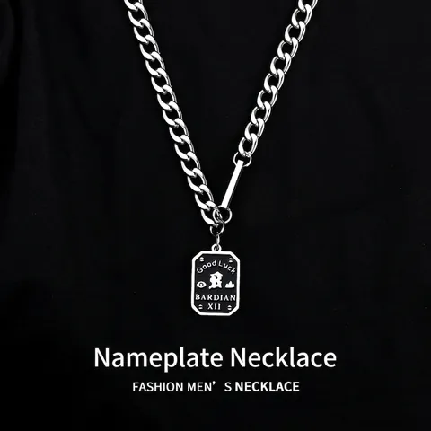 Collana Con Pendente Da Uomo Catena Curb Lega Acciaio Al Titanio Targhetta Rettangolare Good Luck Numero Romano XII Gioielli Hip Hop