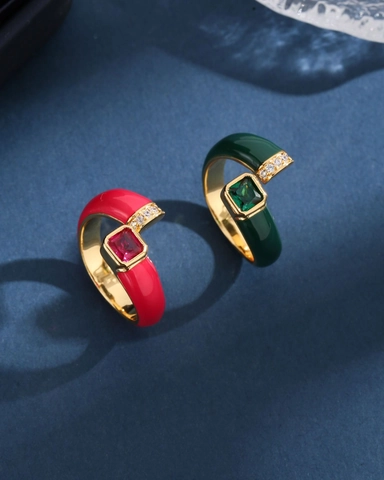 Open Ring Copper Enamel Geometric Square Zircon Adjustable Luxury Vintage Jewelry For Women