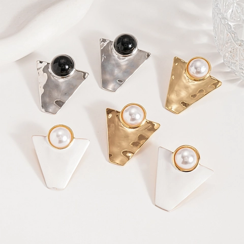 Pendientes De Aleación Triángulo Geométrico 925 Plata De Ley Poste Imitación Perla Artificial Retro Minimalista Para Mujer