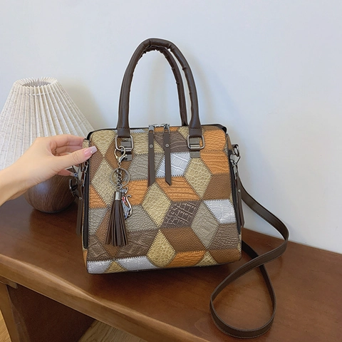 Γυναικεία Τσάντα Tote Patchwork PU Δέρμα Γεωμετρικό Μοτίβο Διαμαντιών Τσάντα Χιαστί Με Φούντα Μενταγιόν Γάτα Ρυθμιζόμενο Λουράκι
