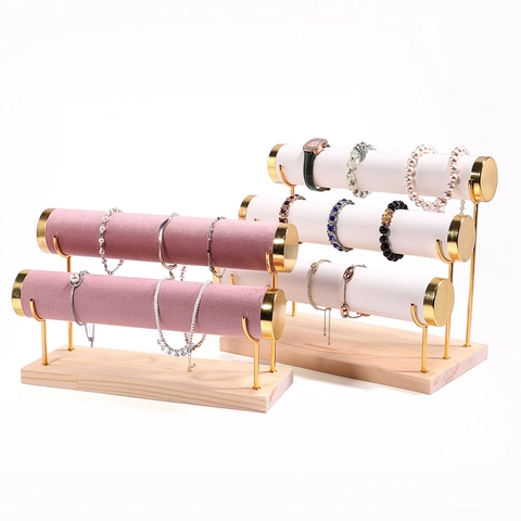 Jewelry Display Stand Wooden Base Gold Metal Support Multi Layer T Bar Bracelet Watch Organizer Velvet PU Leather Rack