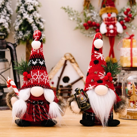 Decoraciones De Gnomos De Navidad Felpa Tejida Tomte Muñecos Sin Rostro Con Sombreros De Cuadros Rojos Bastón De Caramelo
