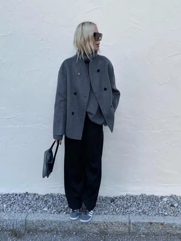 Abrigo De Lana Mujer Corto Doble Botonadura Cuello Alto Ropa De Moda Suelto Color Sólido Chaqueta Streetwear