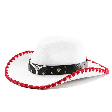 Western Cowboy Hat Polyester Felt Wide Brim With Metal Bull Head Rivets Leather Band Ethnic Retro For Men Women Casual