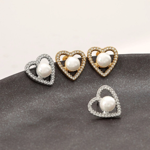 Pendientes De Perlas Artificiales De Corazón Acero Inoxidable 304 Chapado En Oro PVD Pavé De Diamantes De Imitación