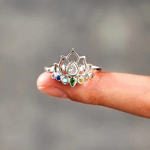 Lotus Flower Ring For Women Copper Cubic Zirconia Rainbow Multi Color Pear Cut Clear Stone Bohemian Floral Jewelry