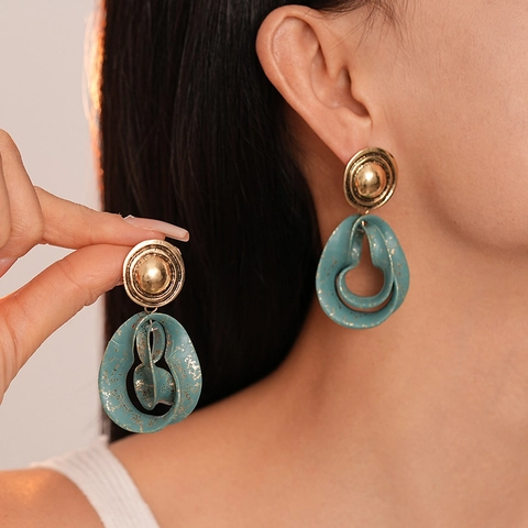 Vintage Geometric Dangle Earrings With Silver Earring Post Alloy Teal Enamel Gold Splatter Artsy Jewelry For Women
